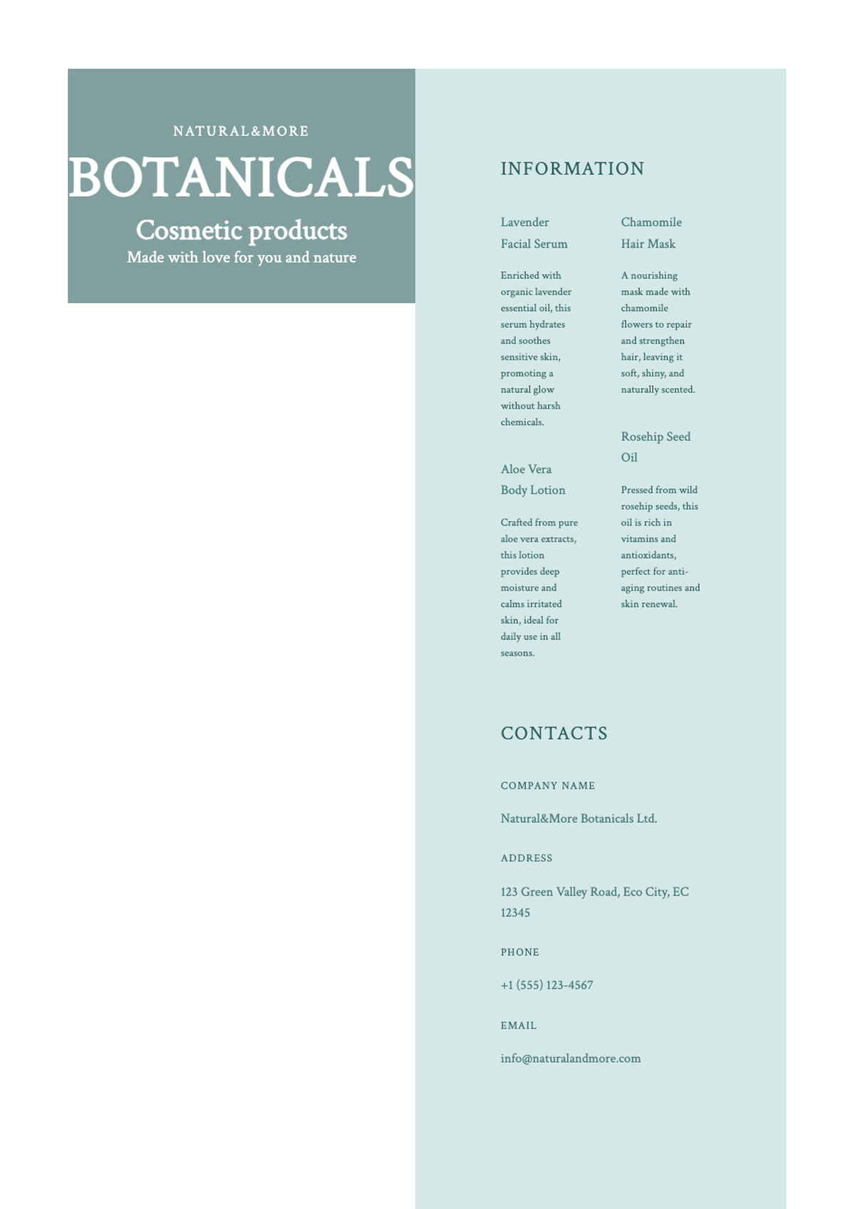 Botanical cosmetic product brochure with nature imagery and contact details_variant_1